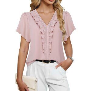Women’s Chiffon Ruffle Top X-Large V-Neck Short Sleeve Casual Blouse